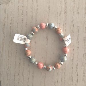 “Vera Beads” Bracelet~Shades of Peach-Blue-Green-Blue-Pink~w/Silver Mini Beads.